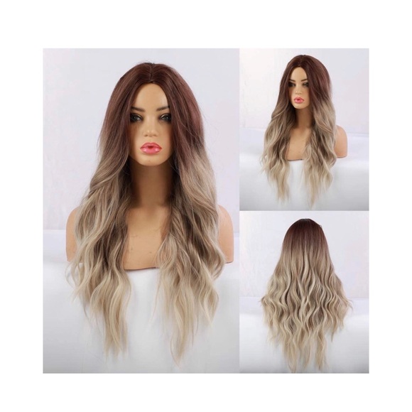 Long Wavy Ombre Blonde Synthetic Middle Part Wig - Picture 2 of 6